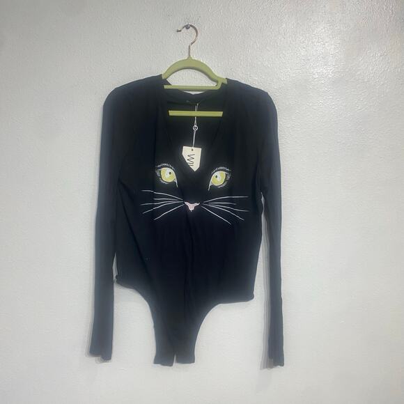 Wildfox Black Meow Cat Long Sleeve Bodysuit Sz L - Picture 2 of 13